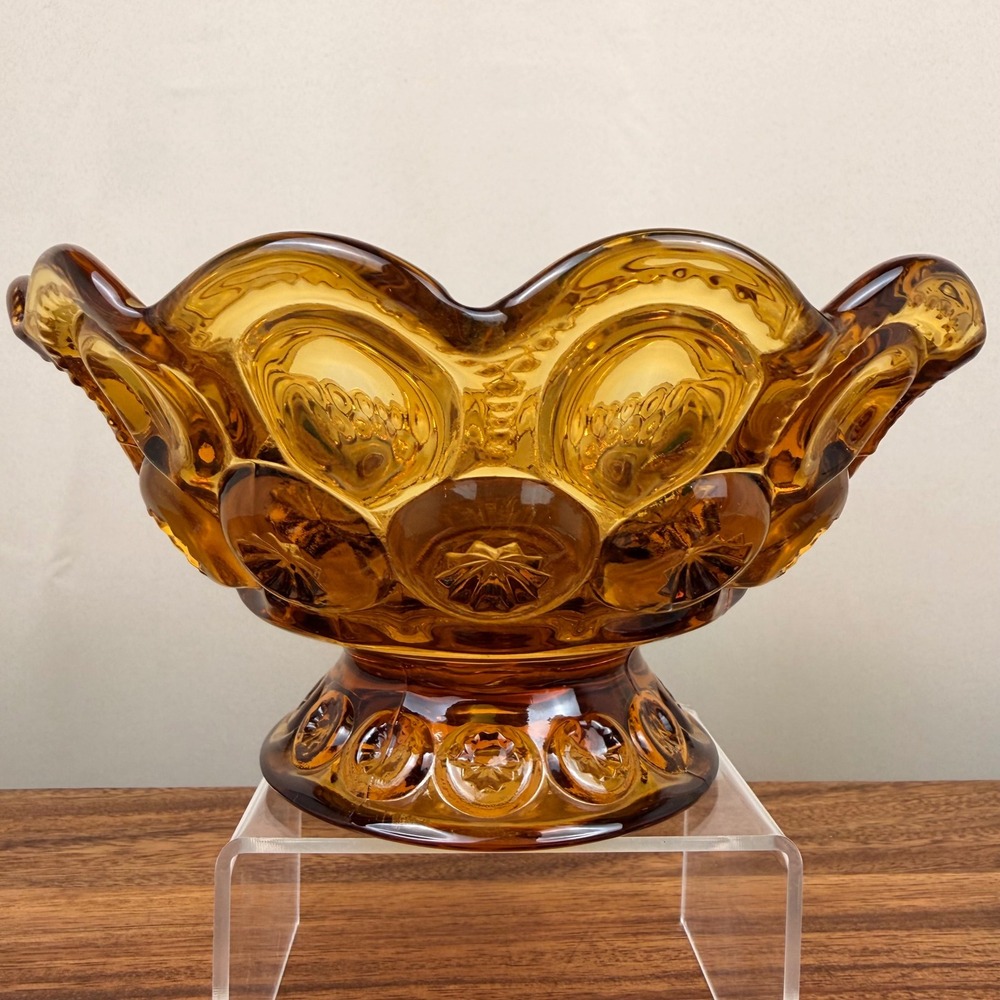 LE Smith Moon & Stars Amber Glass Footed Bowl Vintage Scalloped Centerpiece